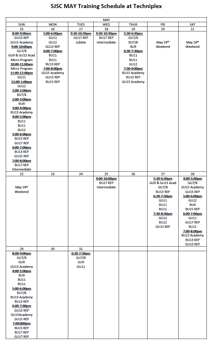 SJSC May Training Schedule