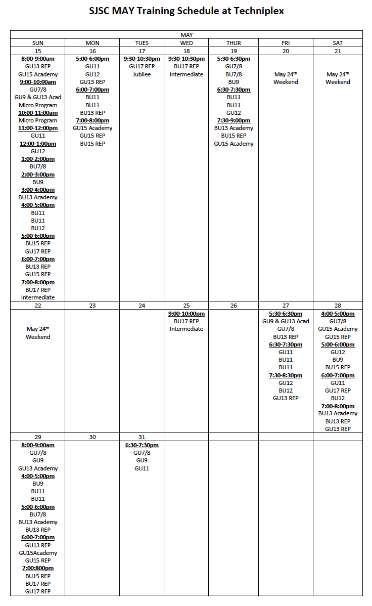 SJSC May Training Schedule SJSC May Training Schedule