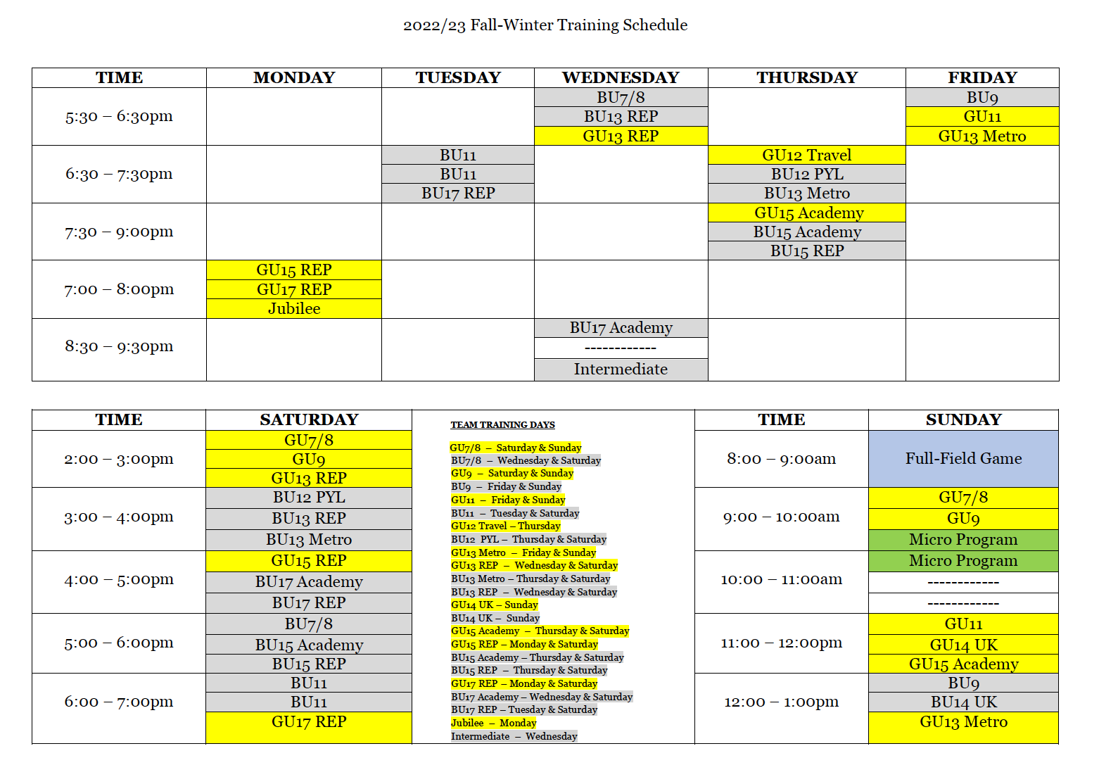 2023 Winter Training Schedule 2023 Winter Training Schedule