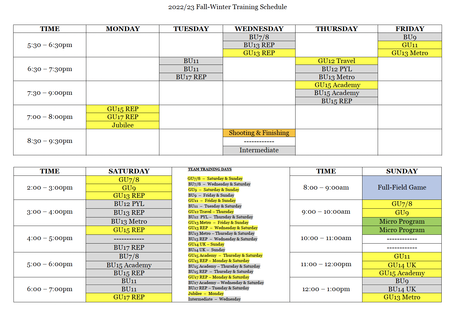Winter Training Schedule Winter Training Schedule