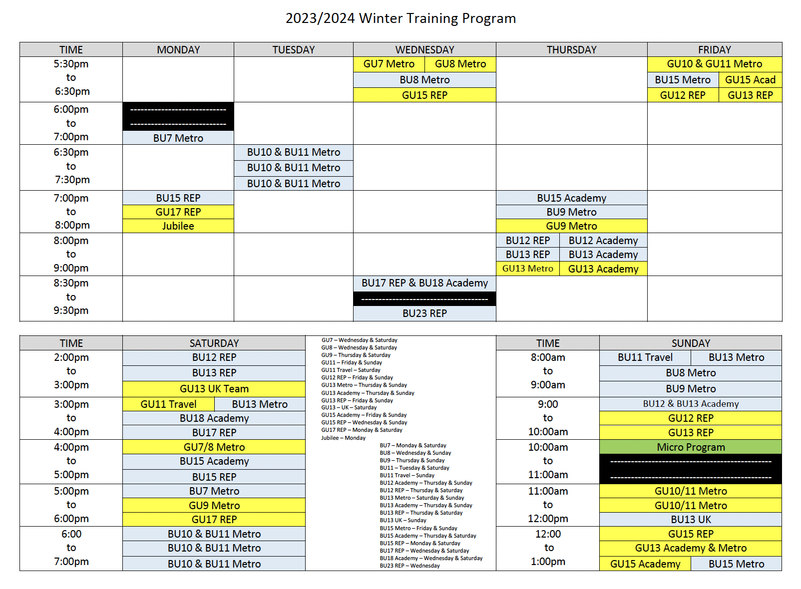 Winter Training Scheduled - Updated Nov 3